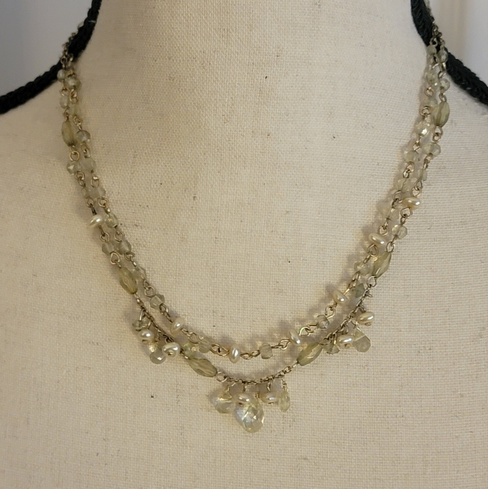Vintage 1928 Faux Pearl & Green Beaded Necklace Set Dangle Earrings Gold Tone